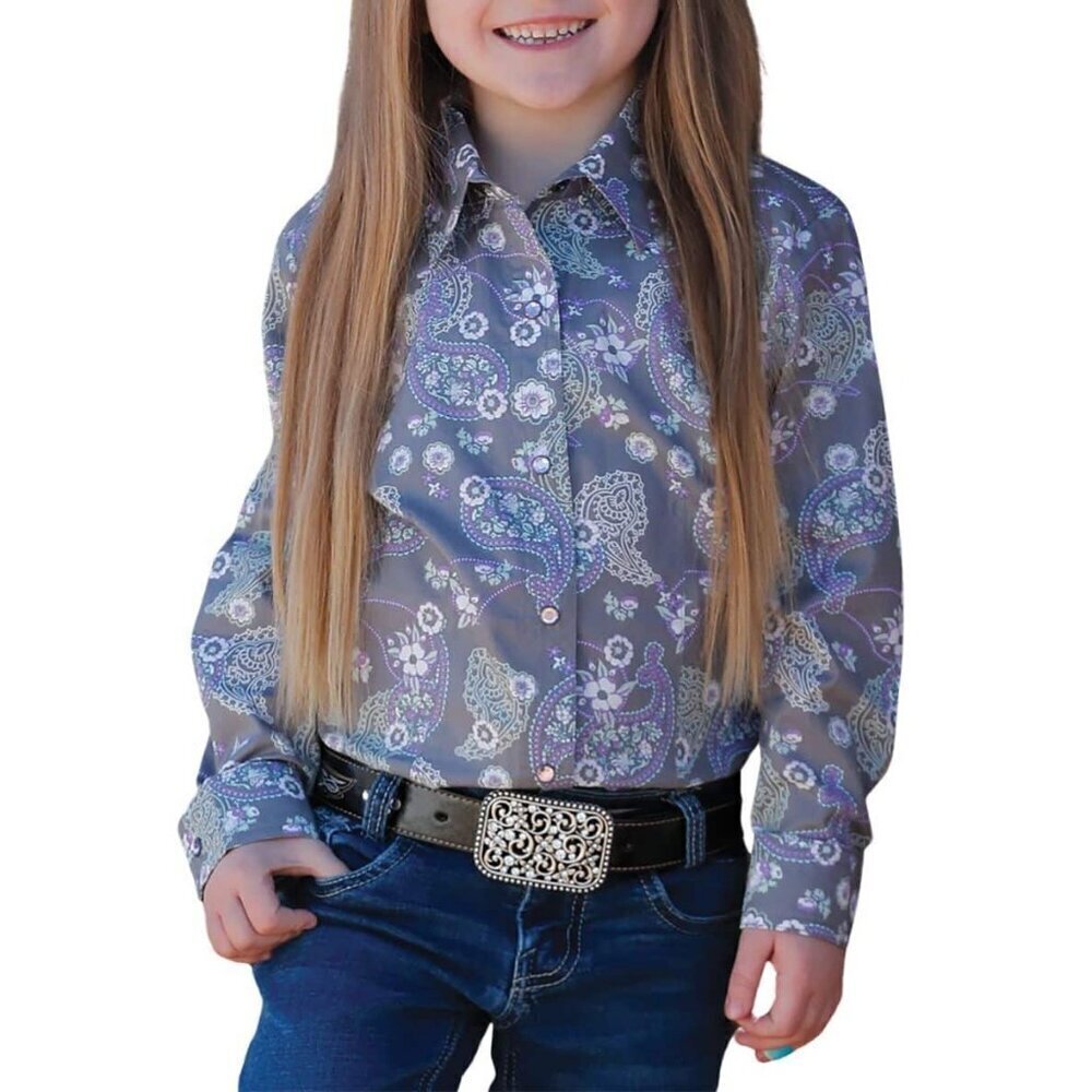 Cruel Girl's 2XL Long Sleeve Floral Paisley Print Snap Western Shirt Grey/Purple
